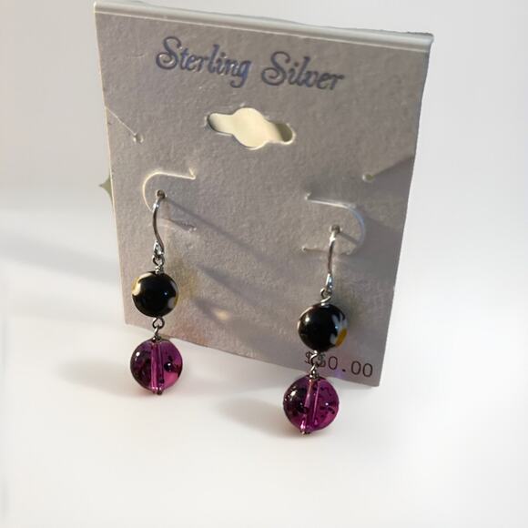 Sterling Multicolor millifiori glass beaded Pierced Earrings Jewelry 1.5 Inch - Picture 1 of 4